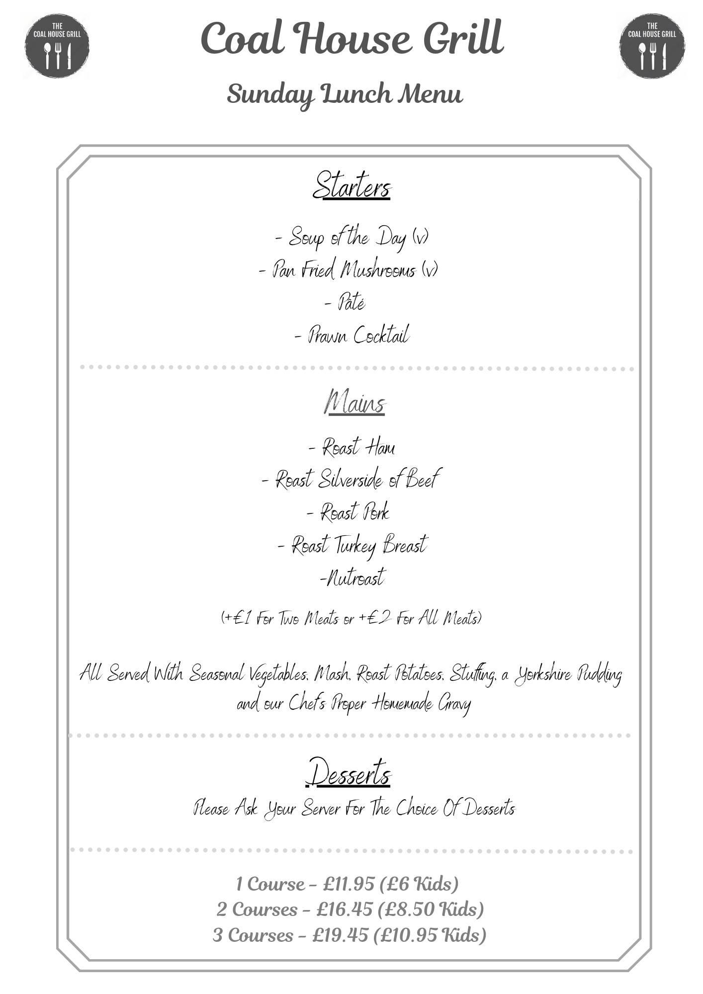 Menu at The Coal House Grill restaurant, Cross Hands