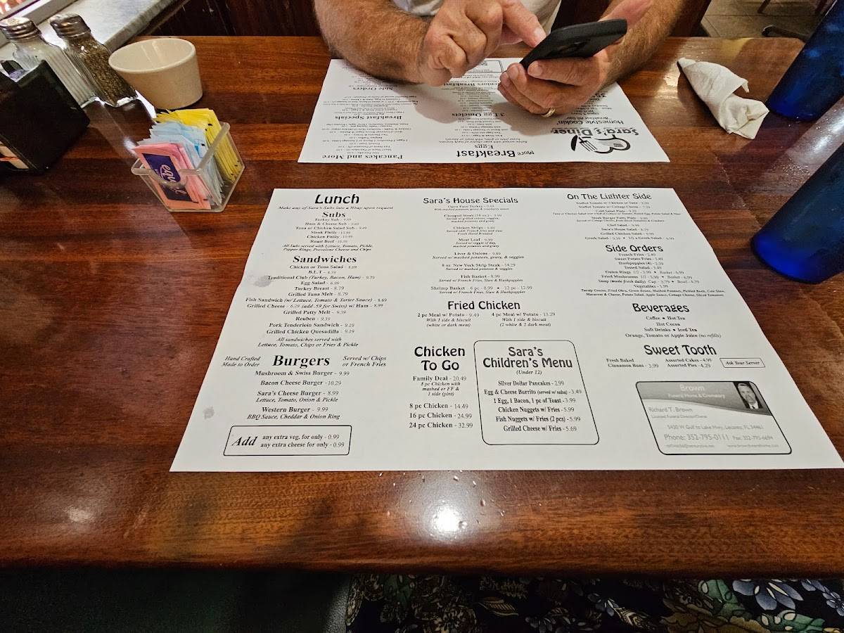 Menu at Sara's Diner restaurant, Crystal River