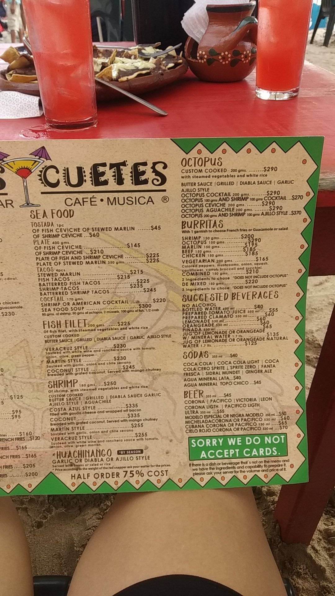 Menu at Cuates y Cuetes restaurant, Puerto Vallarta