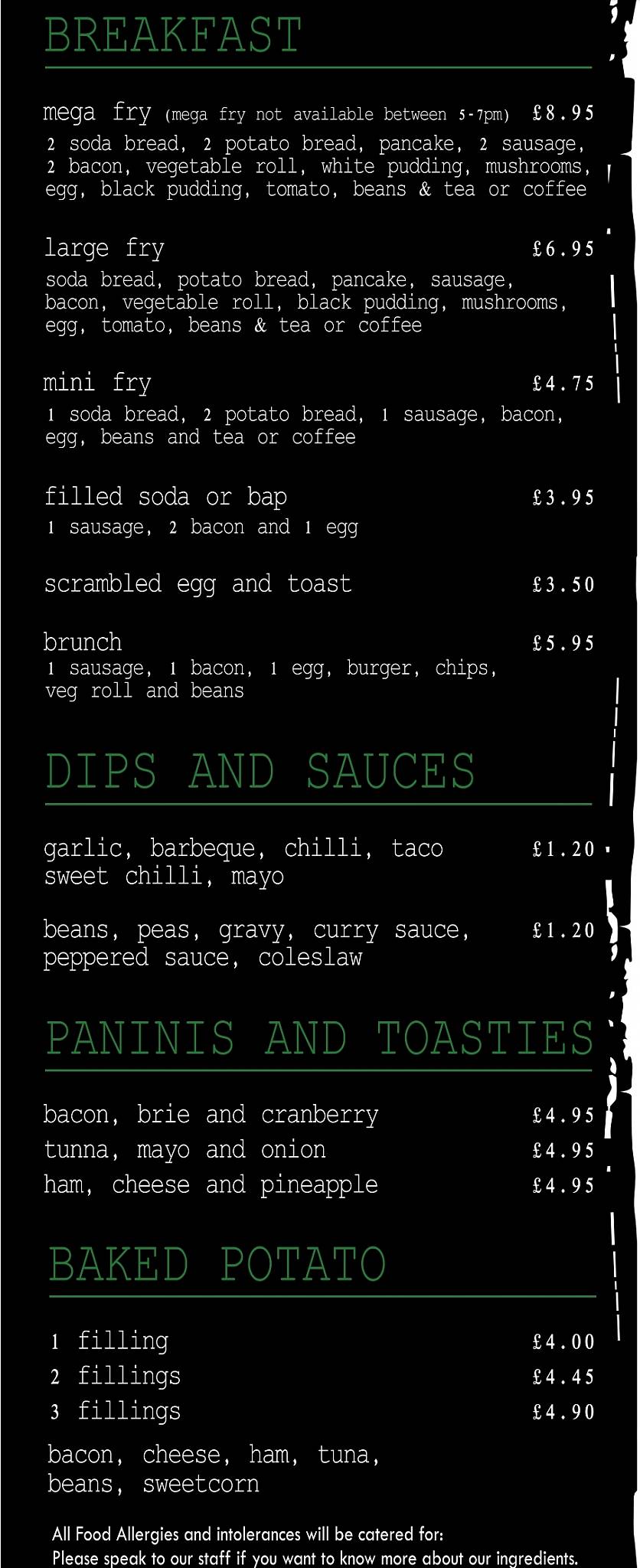 Menu at Cunningham’s Catch restaurant, Ballymoney