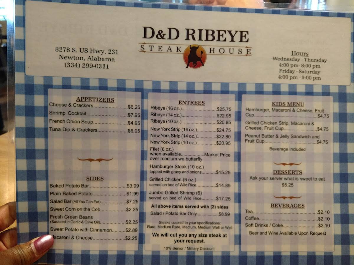 Menu at D&D Ribeye Steak House steakhouse, Newton, US231