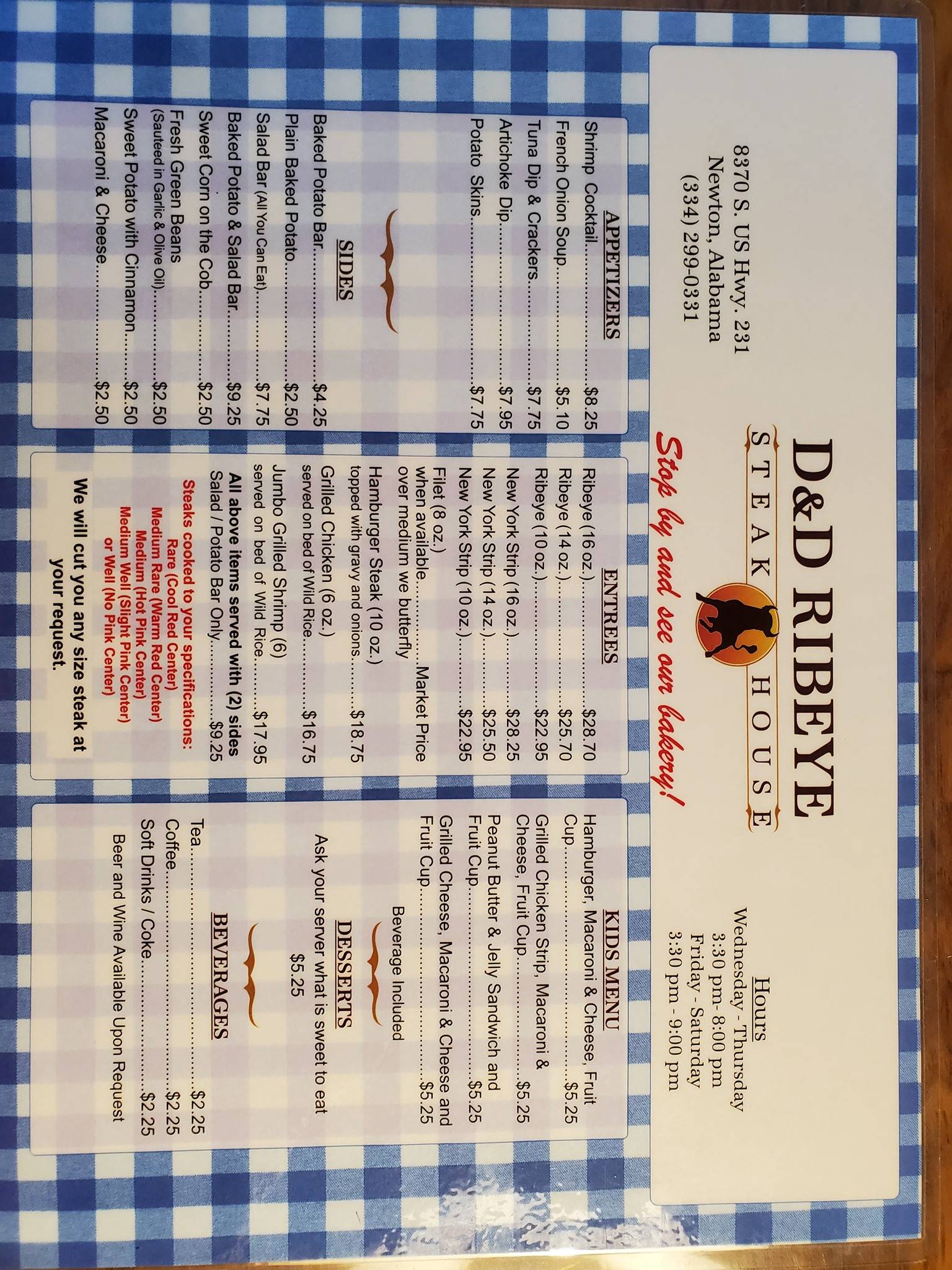 Menu at D&D Ribeye Steak House steakhouse, Newton, US231