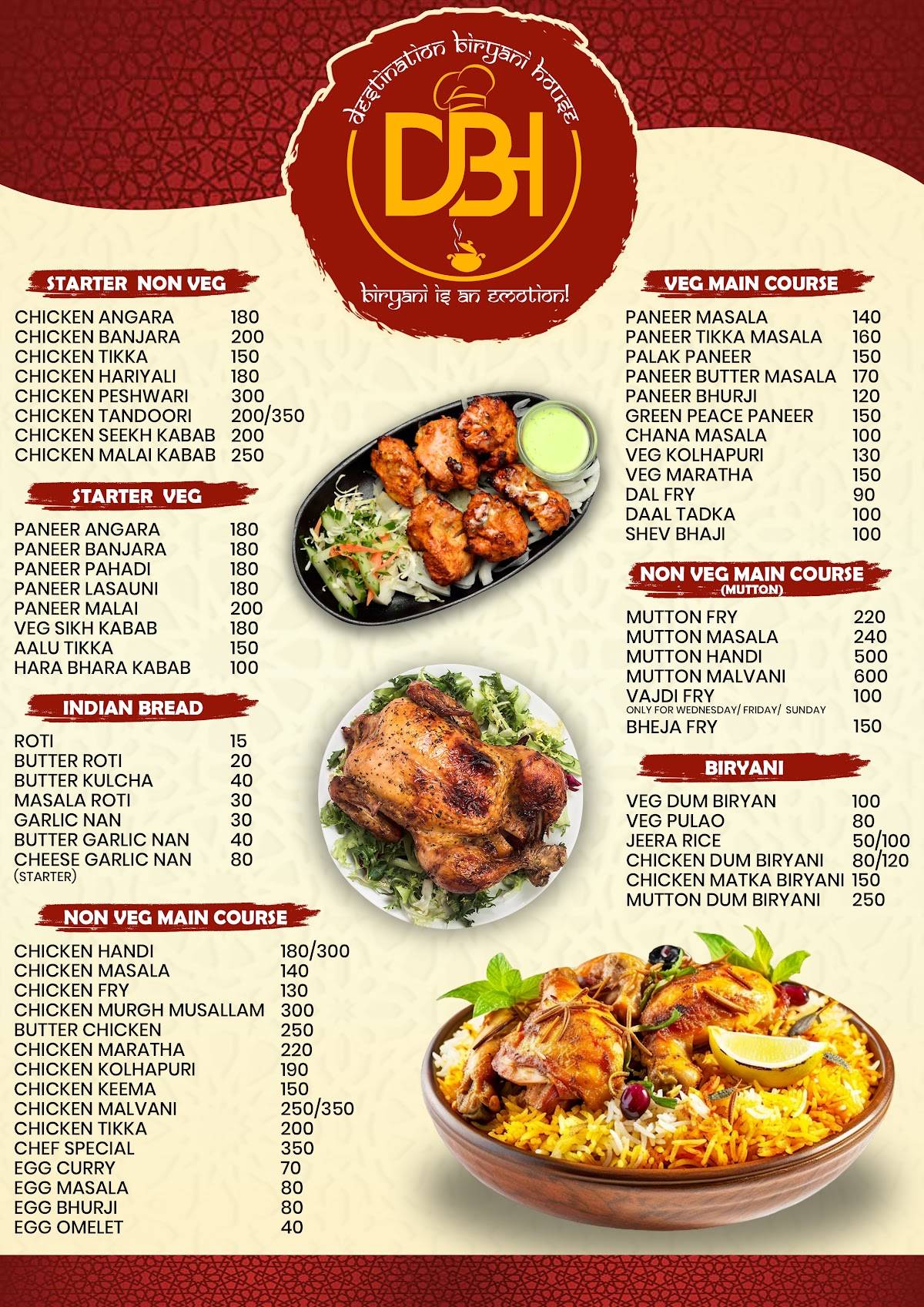 DESTINATION BIRYANI & CHINESE HOUSE menu