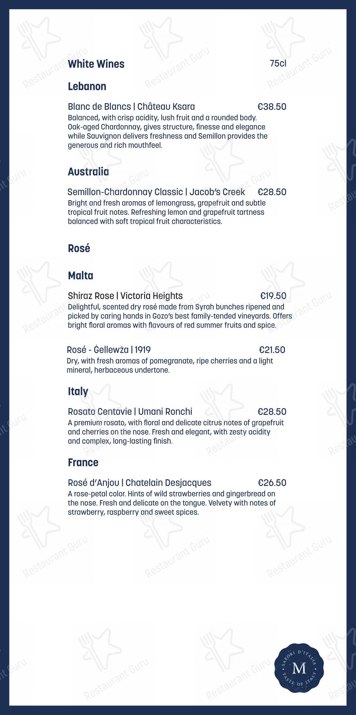 Основное меню pour Da Marco Ristorante dans Iż-Żebbuġ