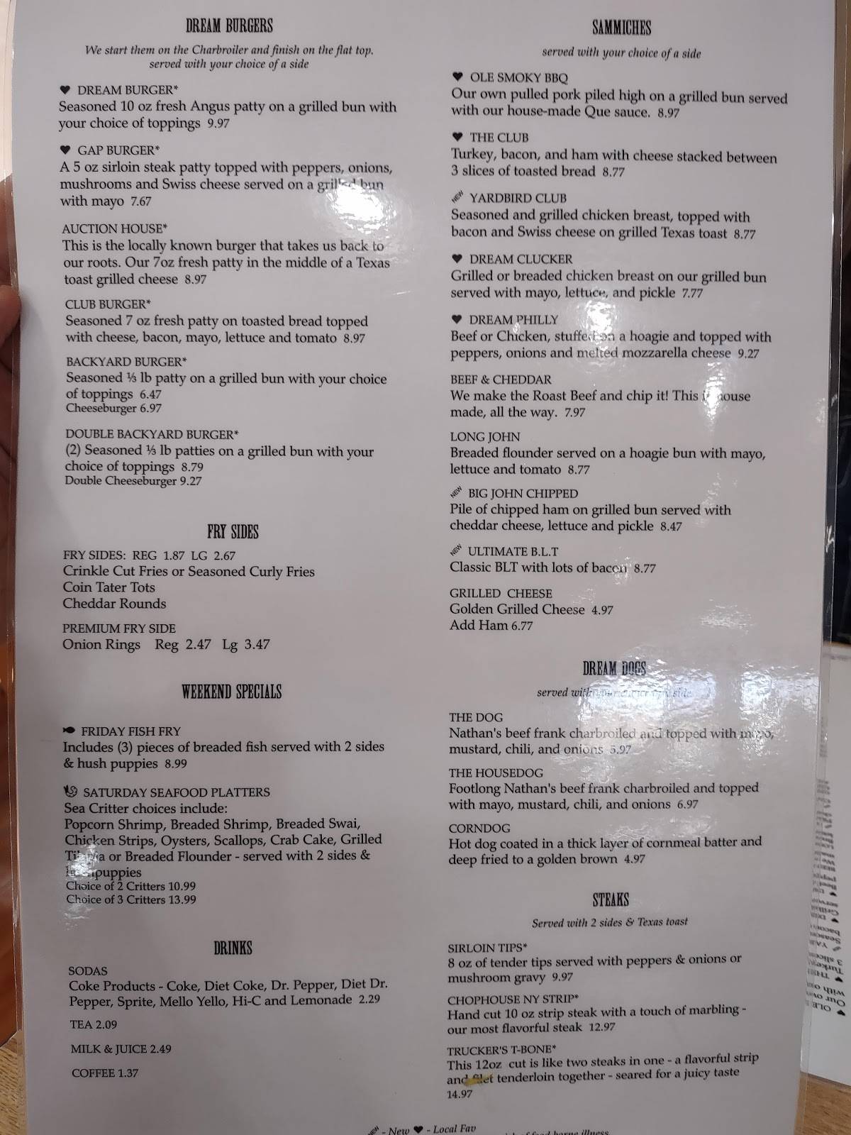 Menu at Dairy Dream restaurant, Bulls Gap, 271 Highway 11 E