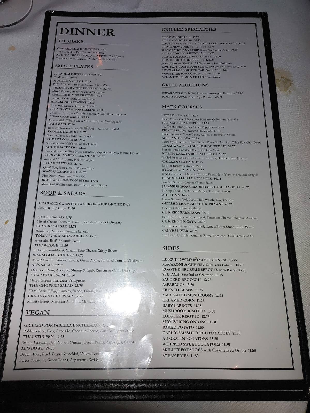 Menu at Al Biernat's steakhouse, Dallas