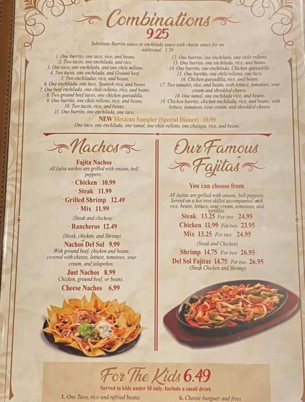 Menu at Del Sol Mexican Restaurant, Laurel