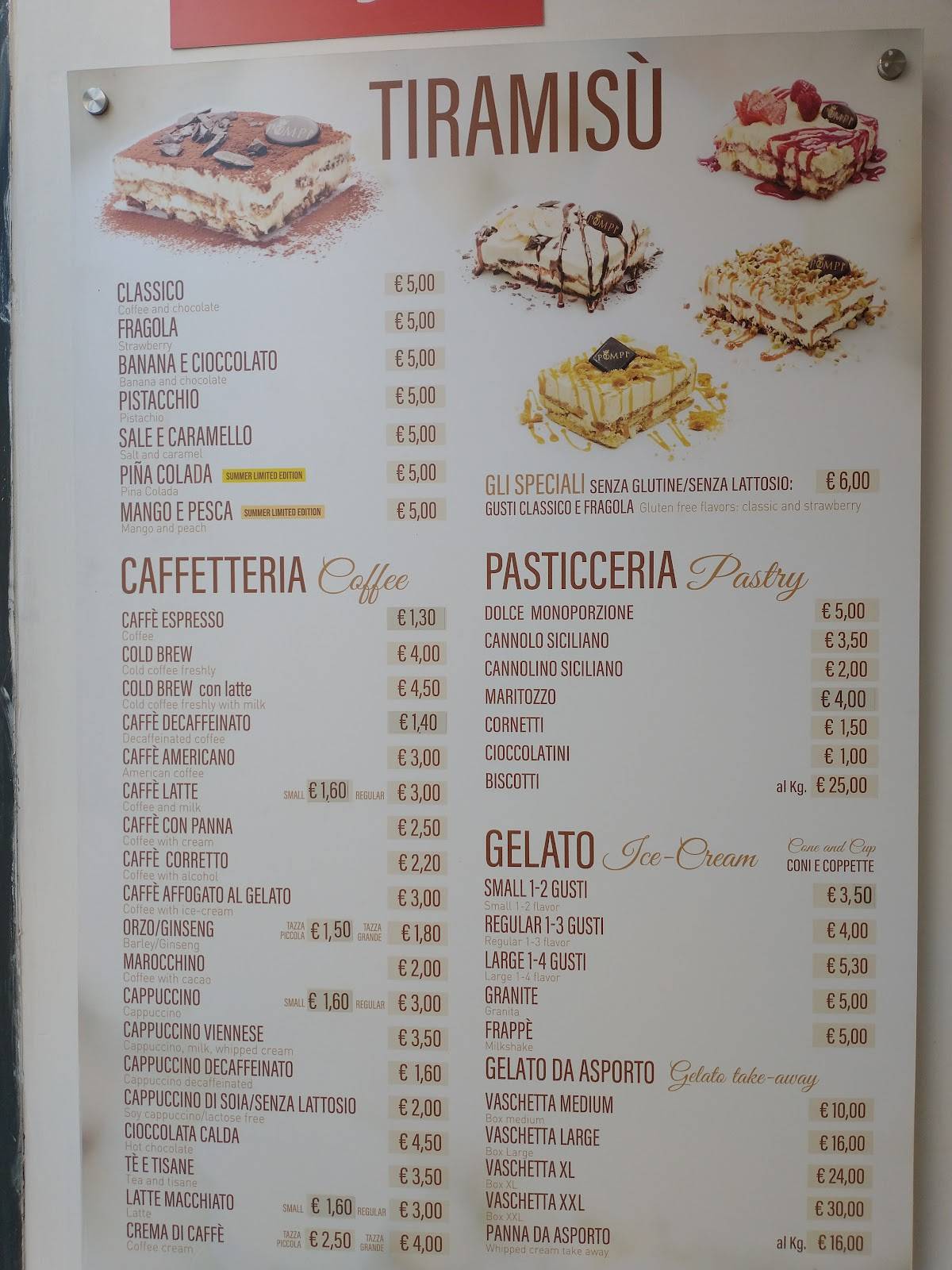 Menu di Pompi il regno del Tiramisu 