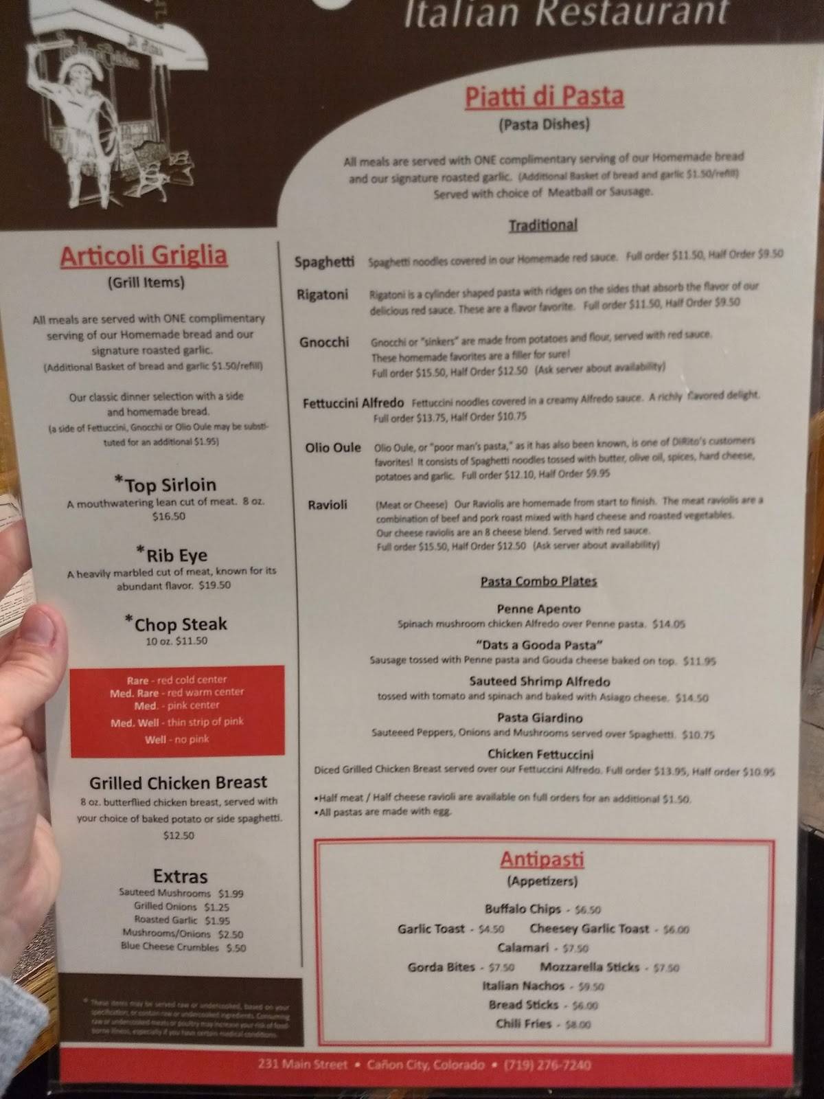 Menu at DiRito’s Italian Restaurant, Cañon City