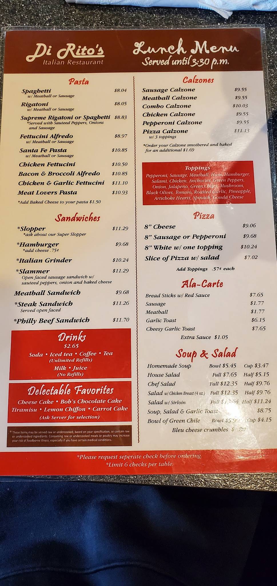 Menu at DiRito’s Italian Restaurant, Cañon City