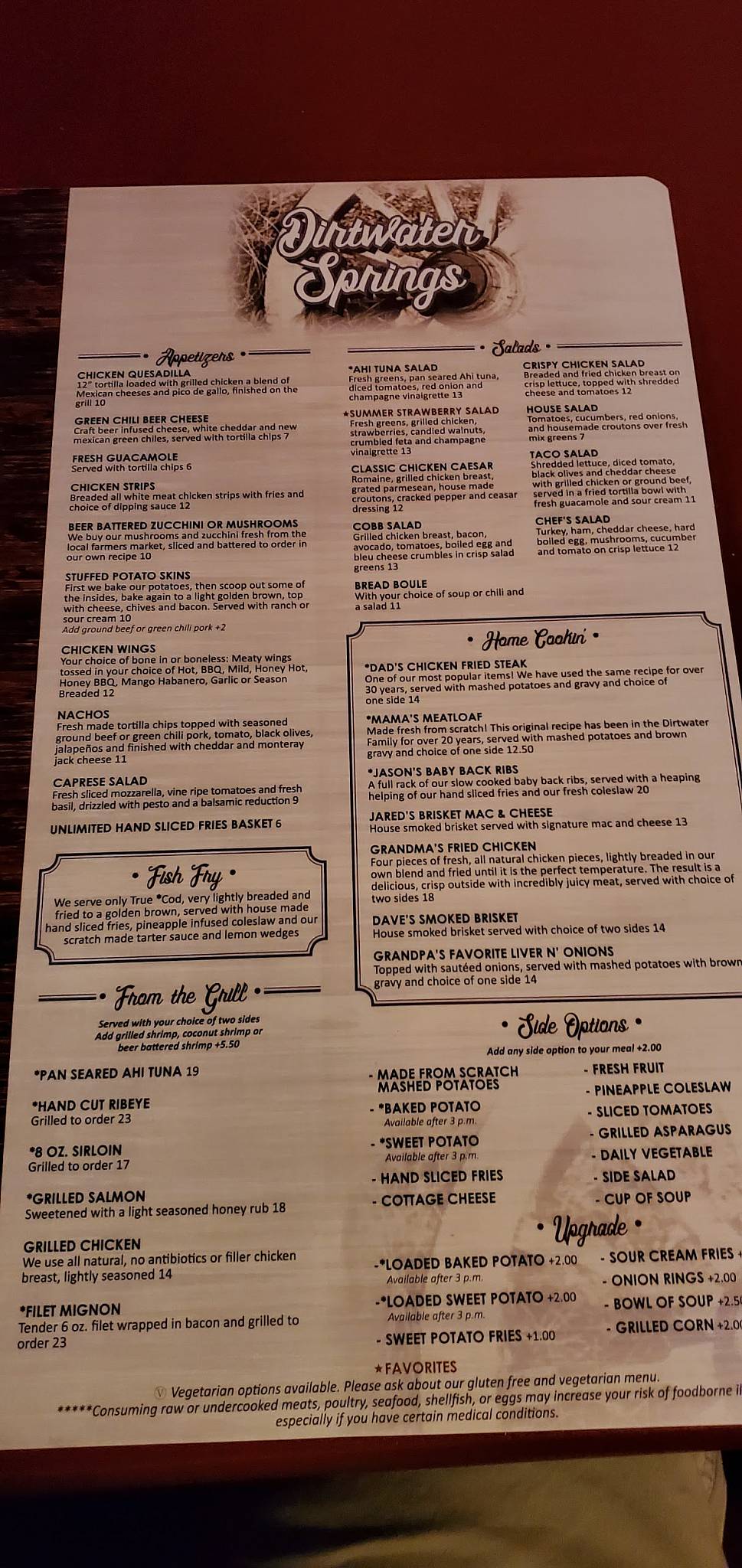 Menu at Dirtwater Springs restaurant, Apache Junction