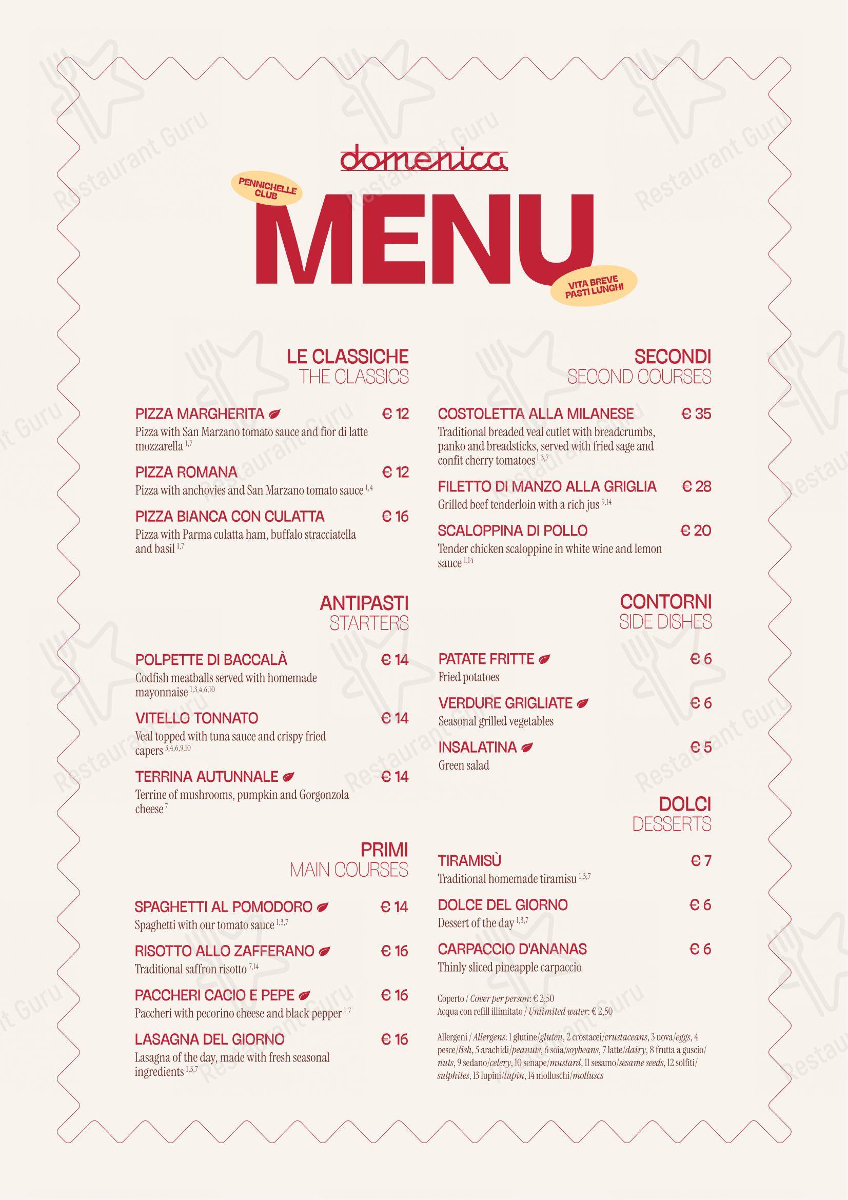 Основное меню per Domenica Bistrot ristorante