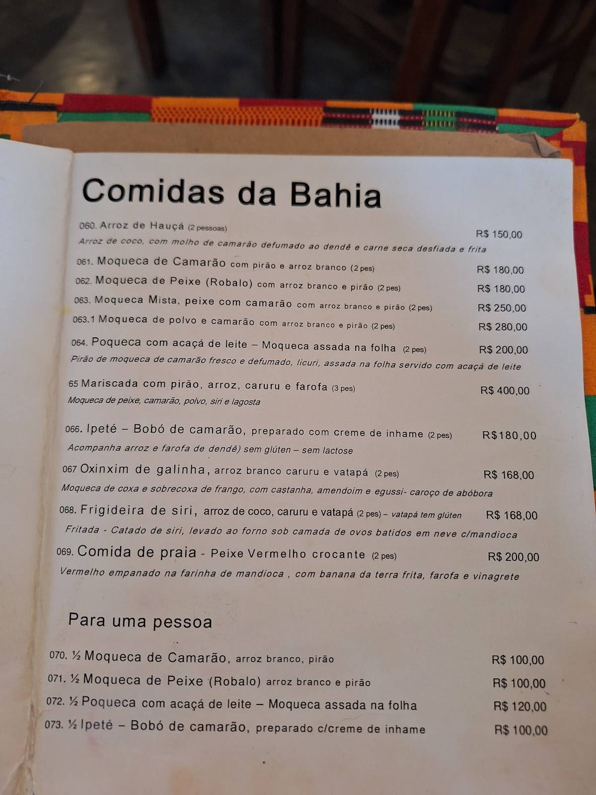 Dona Mariquita - Cozinha Patrimonial da Bahia cardápio