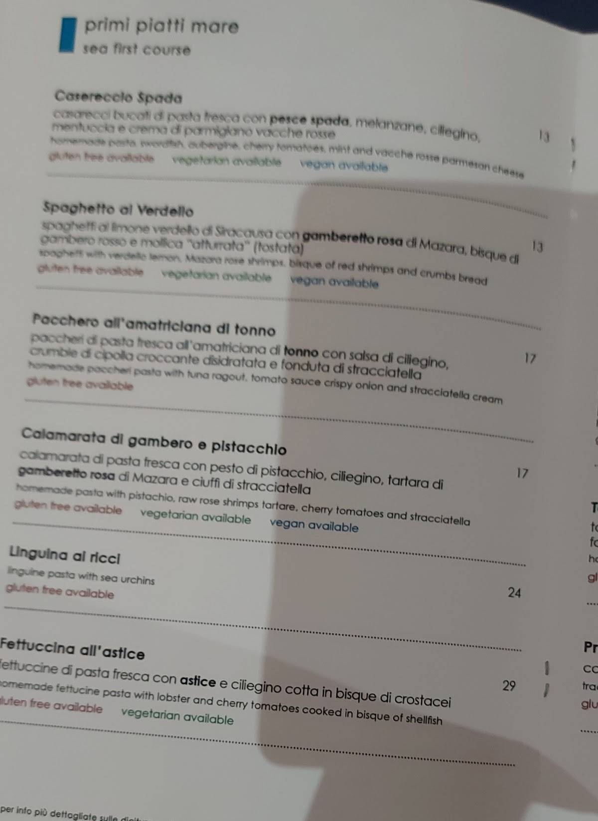 Menu di Due Pistacchi Restaurant 