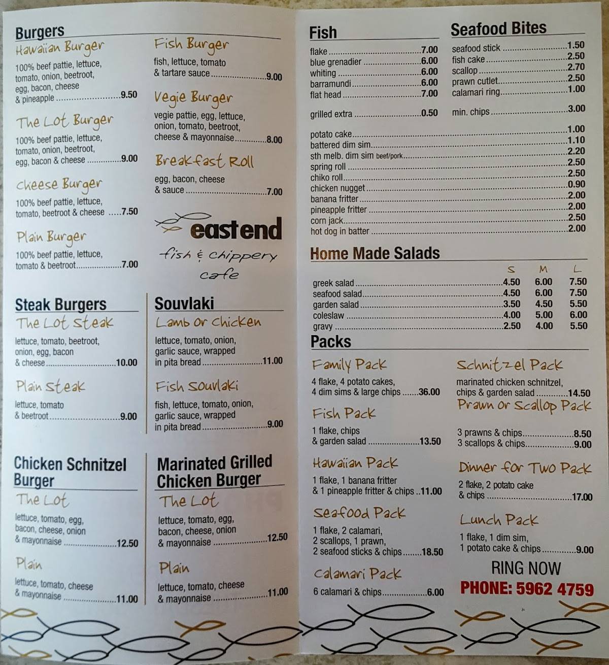 Menu at East End Fish & Chippery restaurant, Healesville