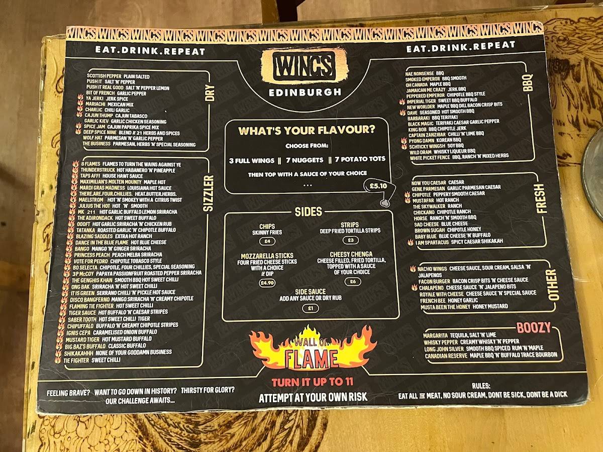 Menu at Wings restaurant, Edinburgh, 5 7 Old Fishmarket Cl