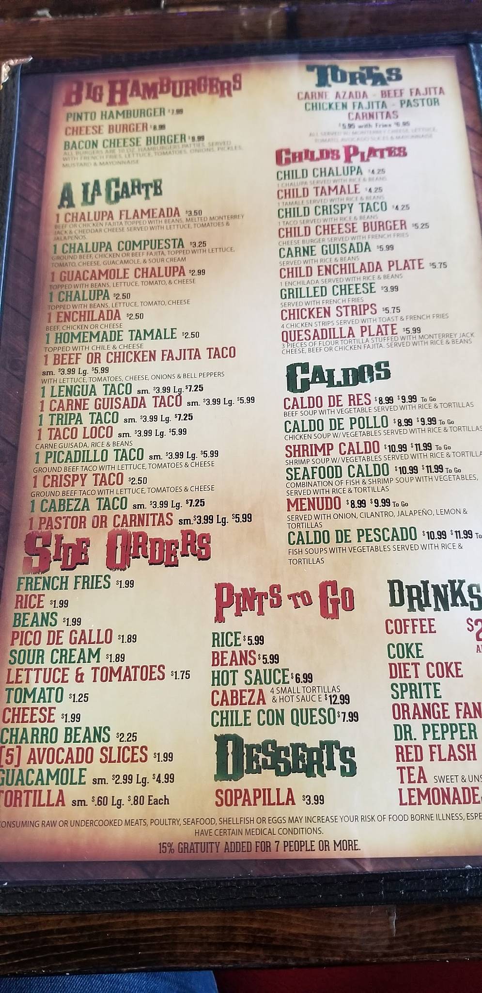 Menu at Pinto Bean restaurant, Edna