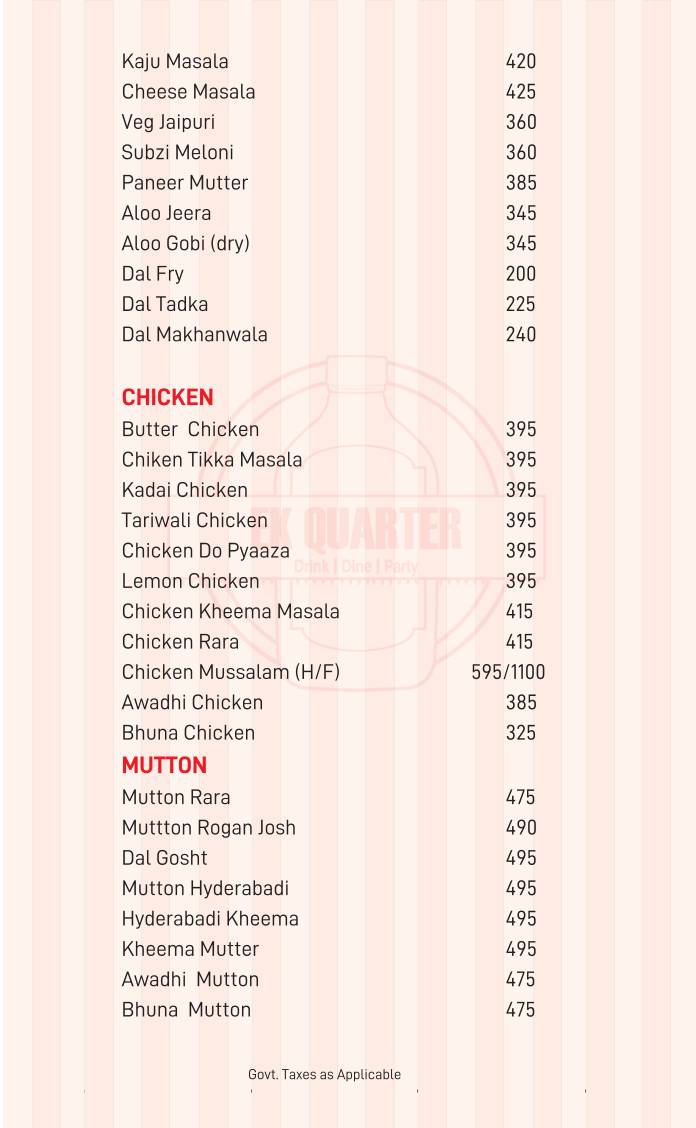 Ek Quarter menu