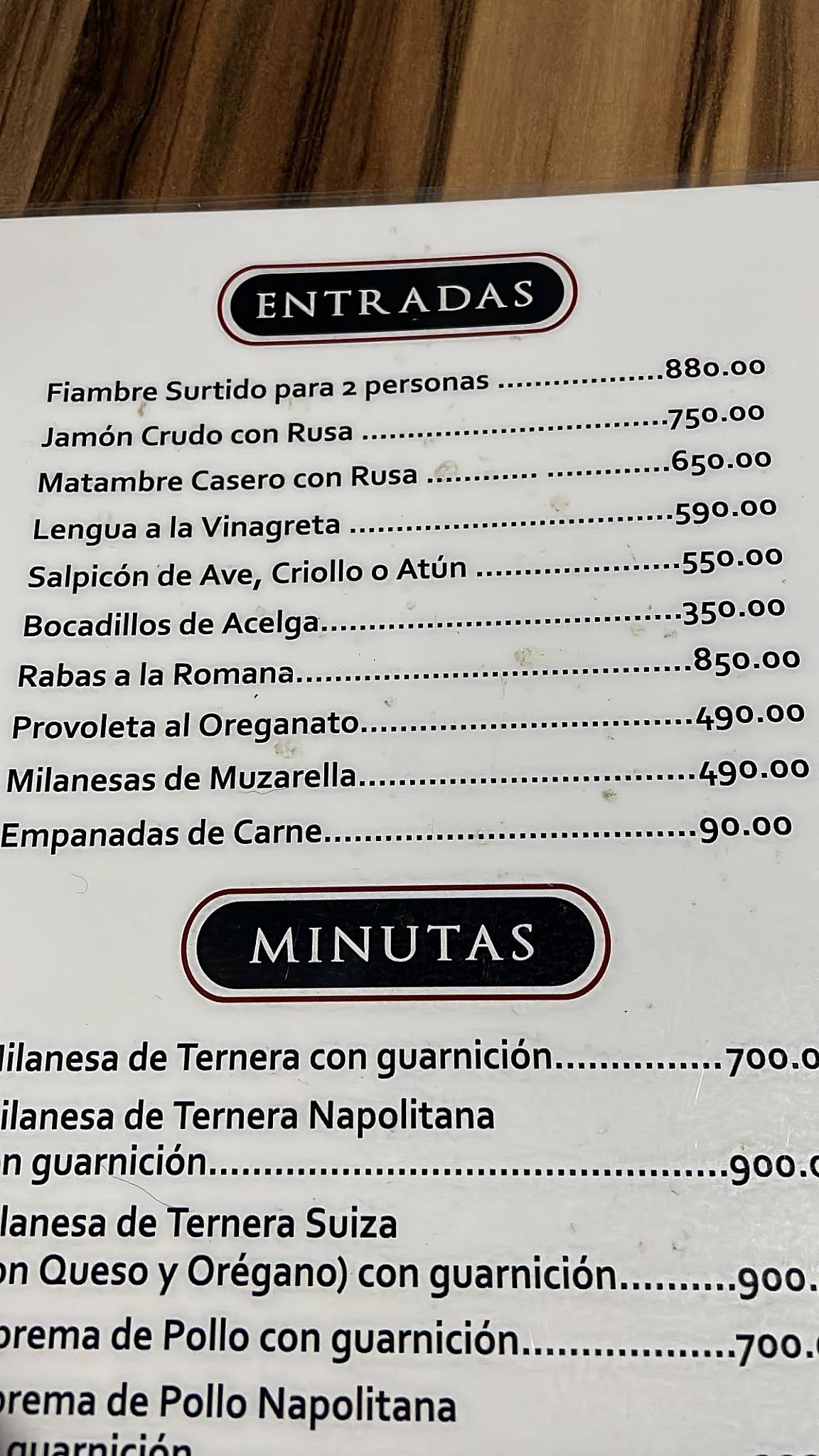 Carta del restaurante El Bodegón del Villa Luro Buenos Aires