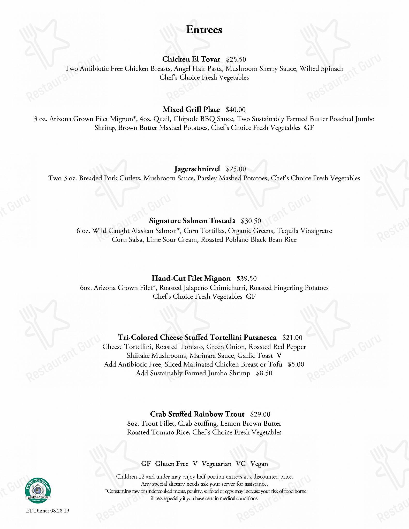 Menu at El Tovar Dining Room pub & bar, Grand Canyon Village, 1 El Tovar Rd