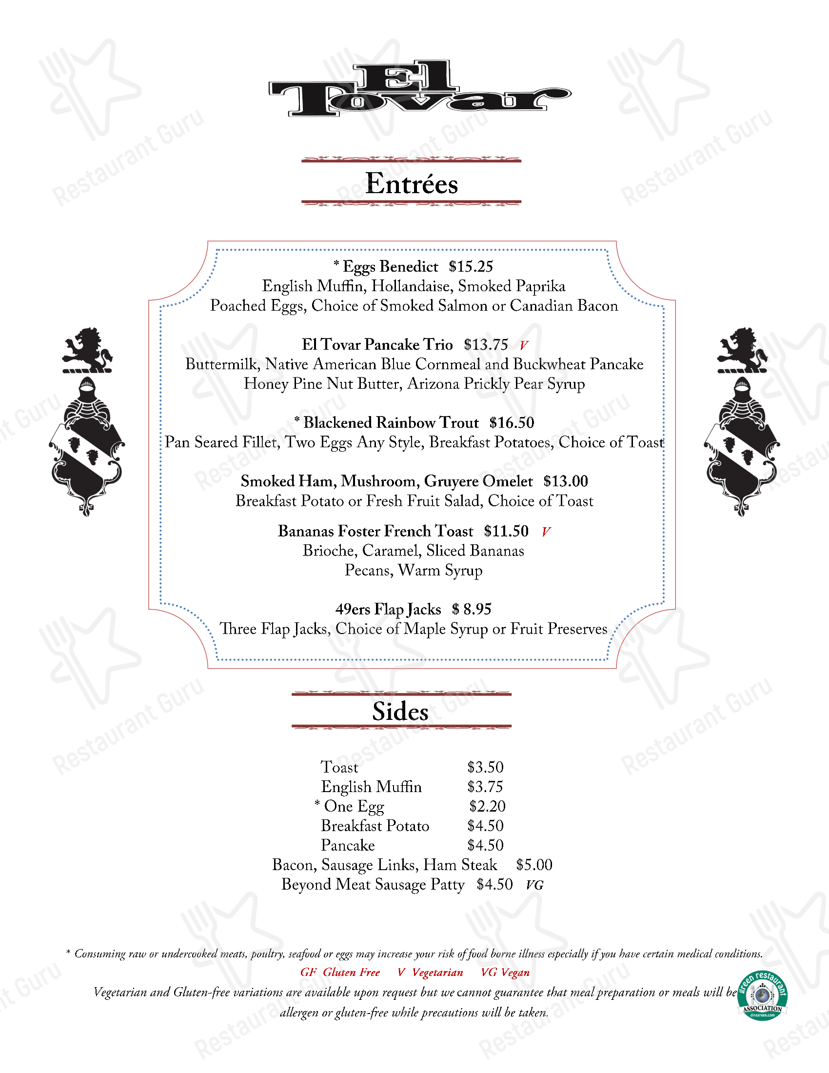 Menu at El Tovar Dining Room pub & bar, Grand Canyon Village, 1 El Tovar Rd