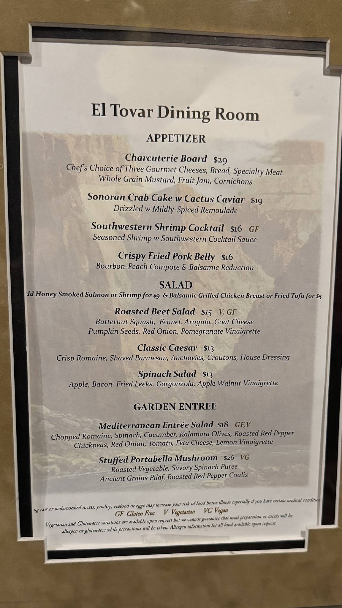 Menu at El Tovar Dining Room restaurant, Grand Canyon Village, 1 El