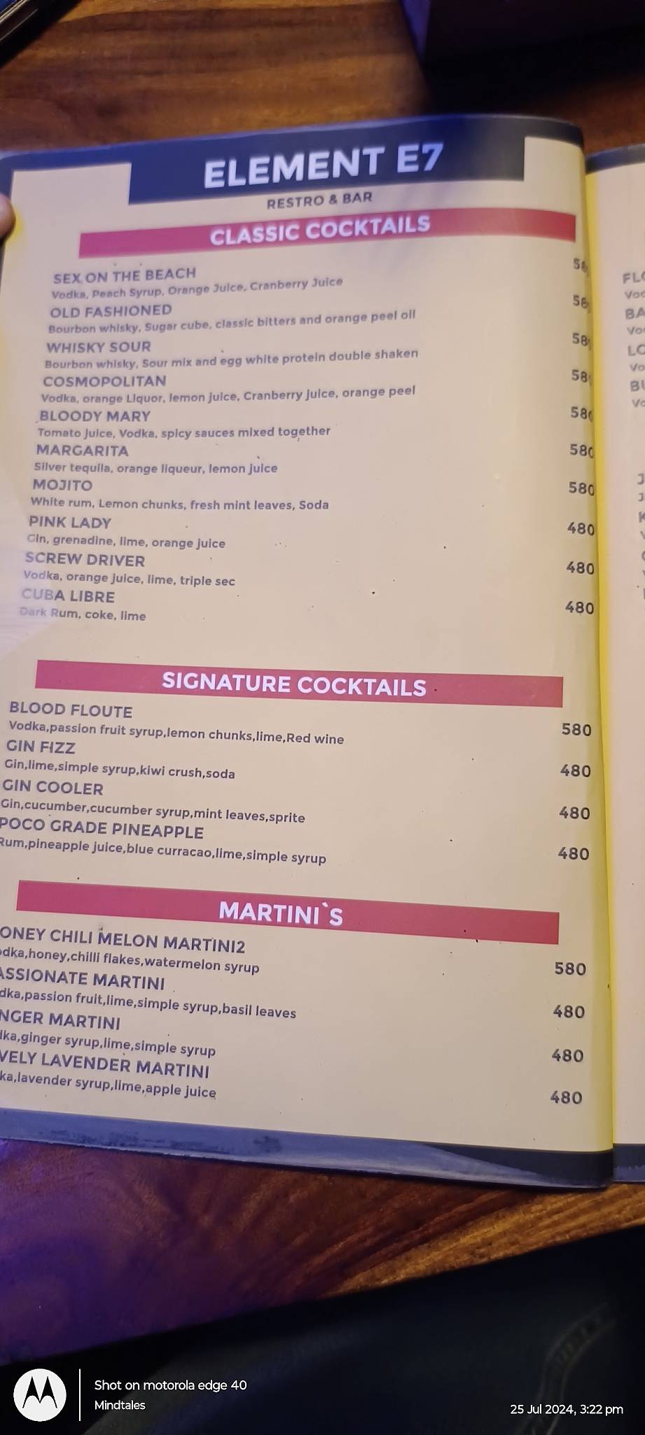 Element E7 Resto Bar menu