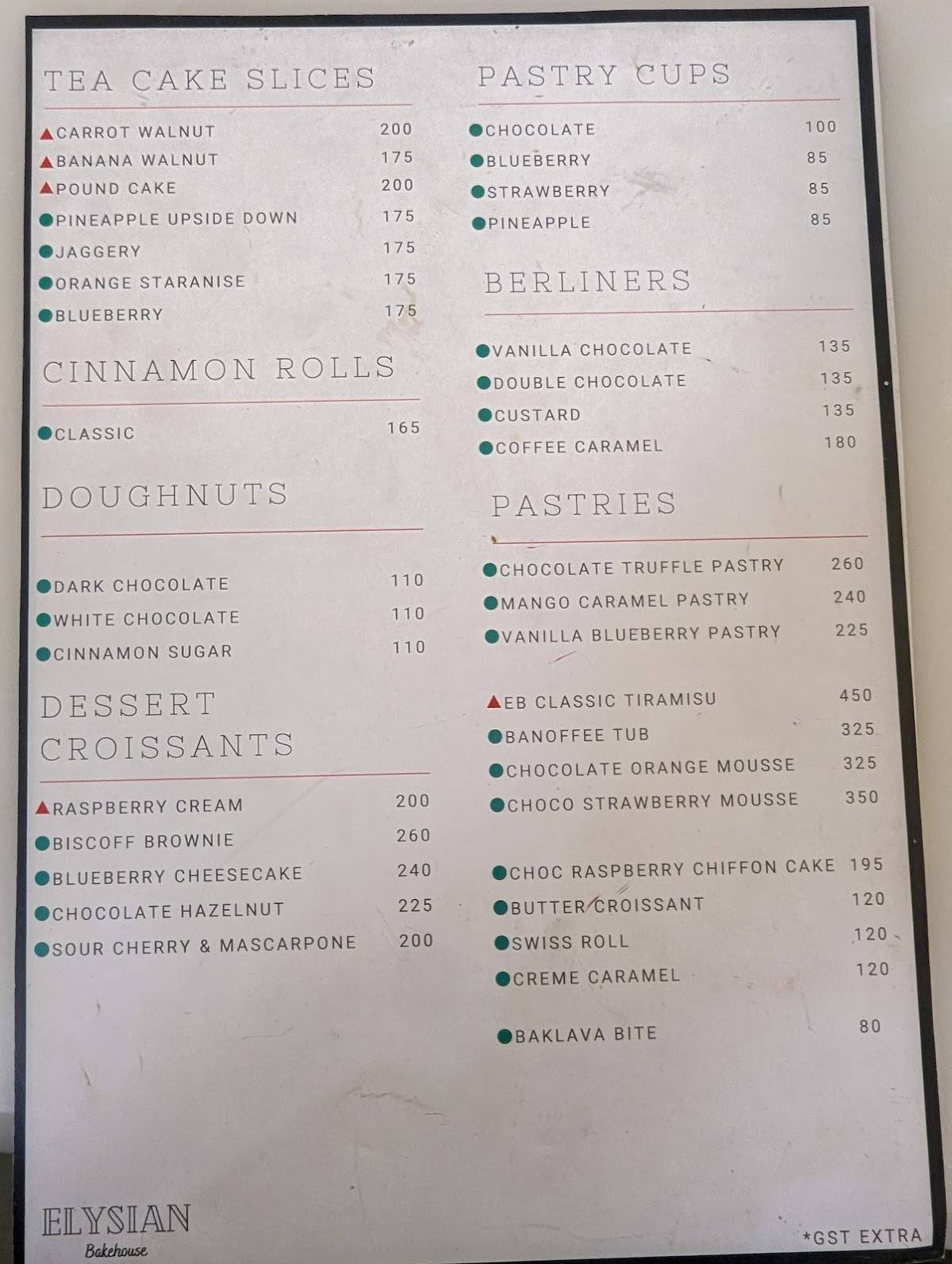 Elysian Bakehouse menu