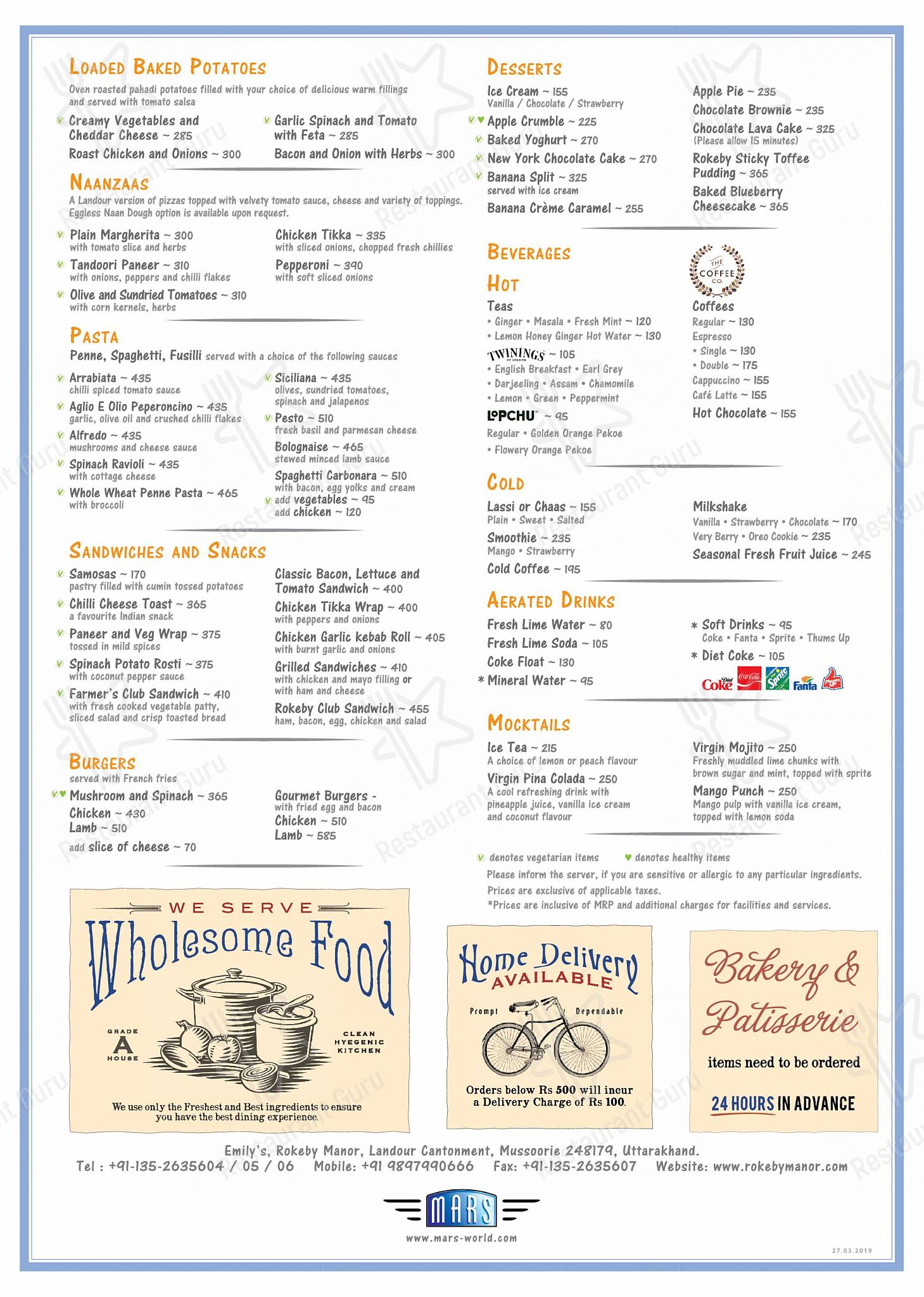 Menu at Emily's Mussoorie by Rokeby Manor, Mussoorie