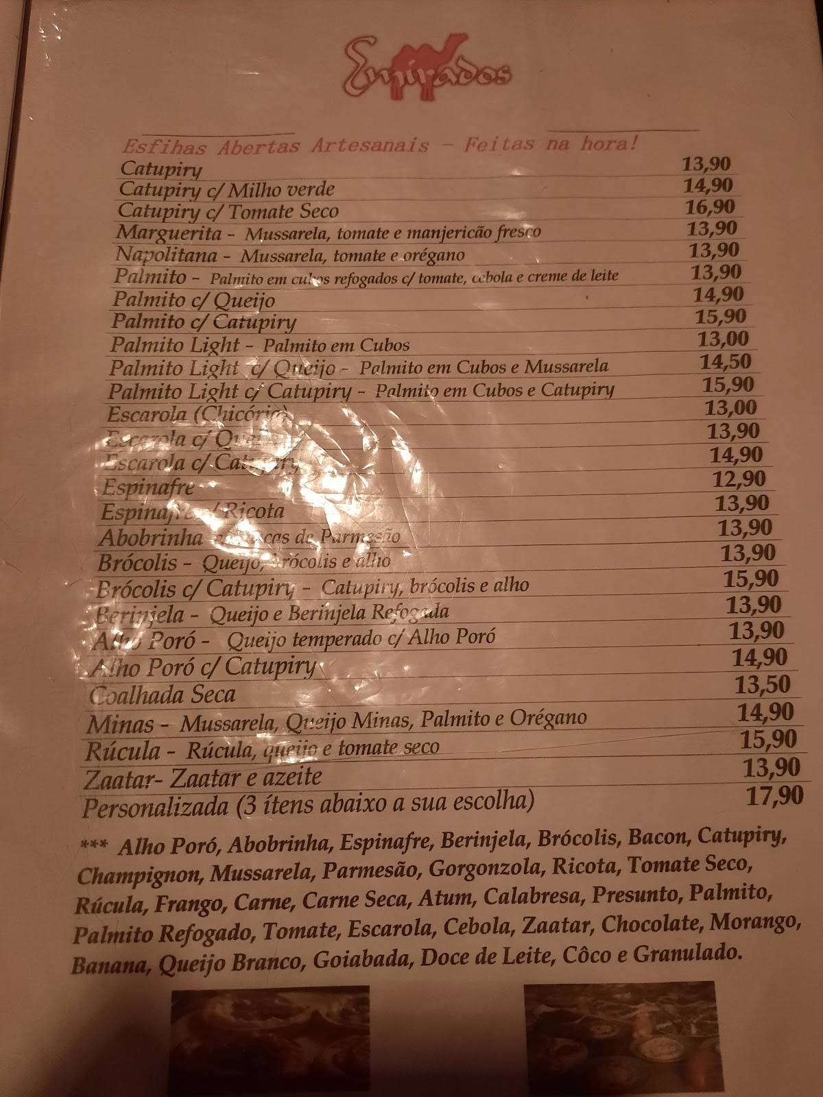 Emirados Esfiharia (Paraty RJ) cardápio