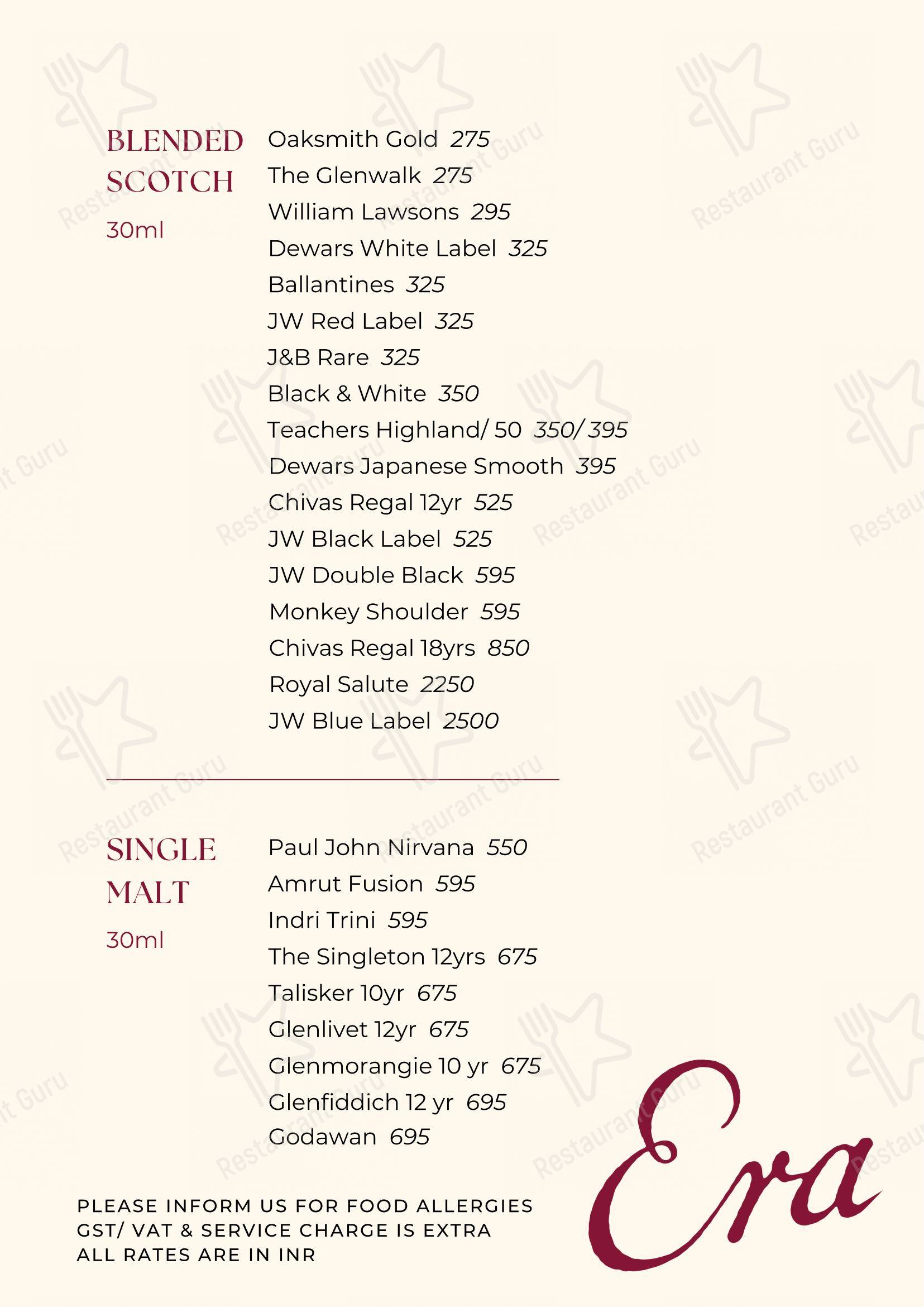 Era in Mumbai - Menu