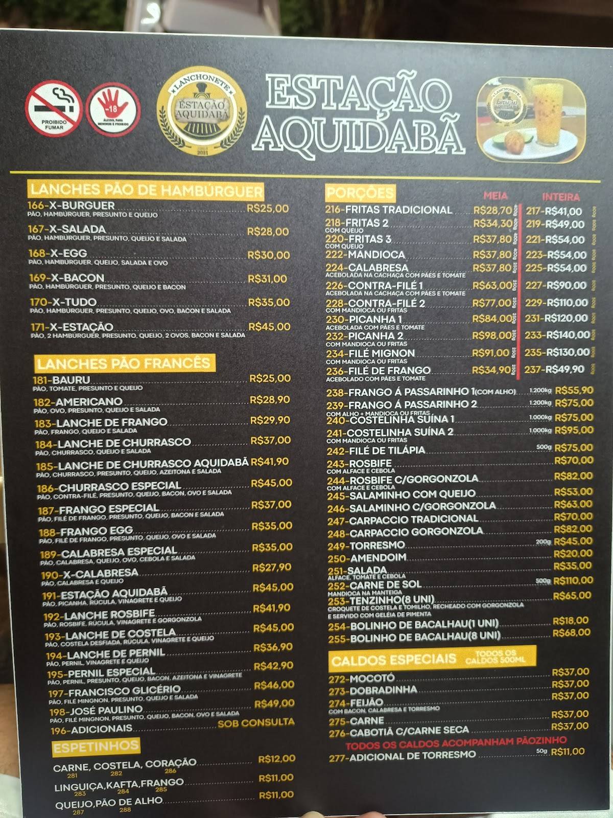 Lanchonete Estação Aquidabã cardápio