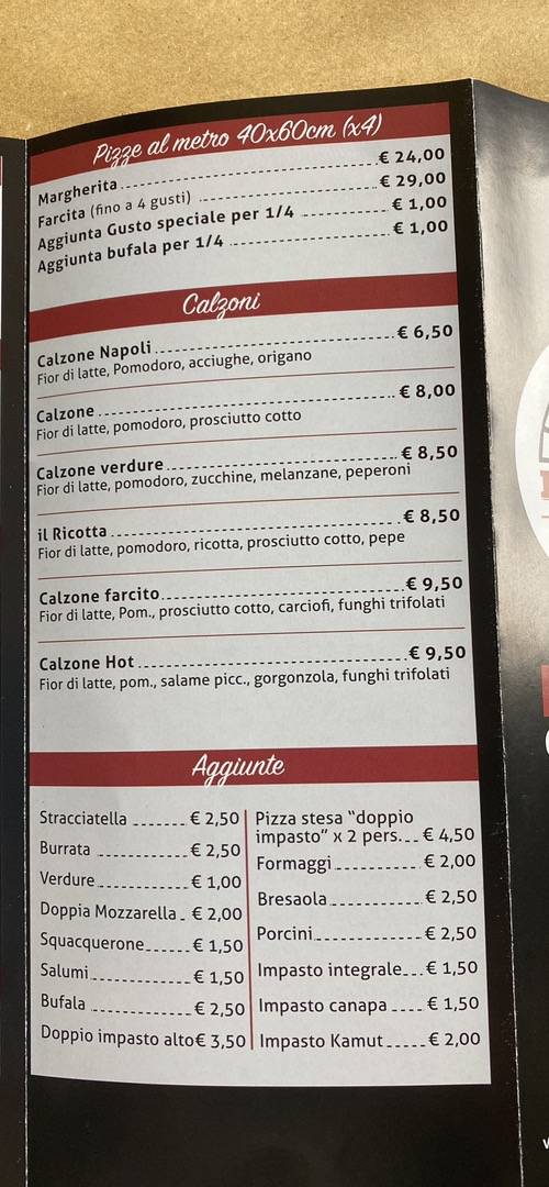 Menu di Europizza 