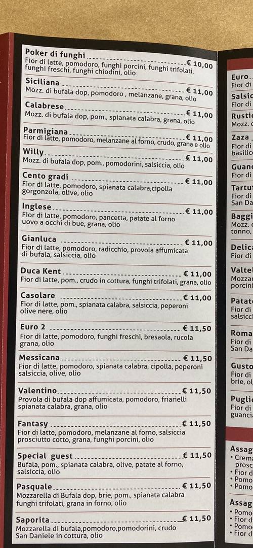 Menu di Europizza 