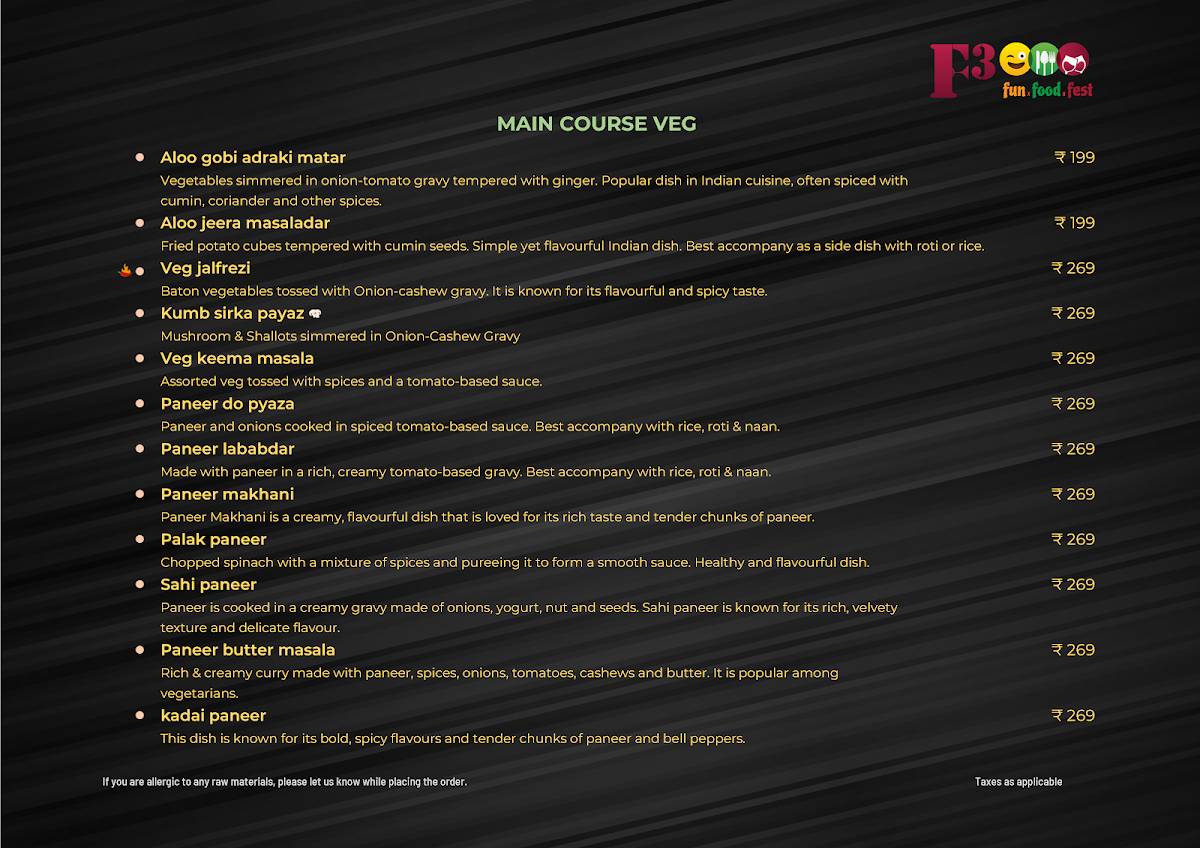 F3 Fun Food Fest Restaurant & Bar menu