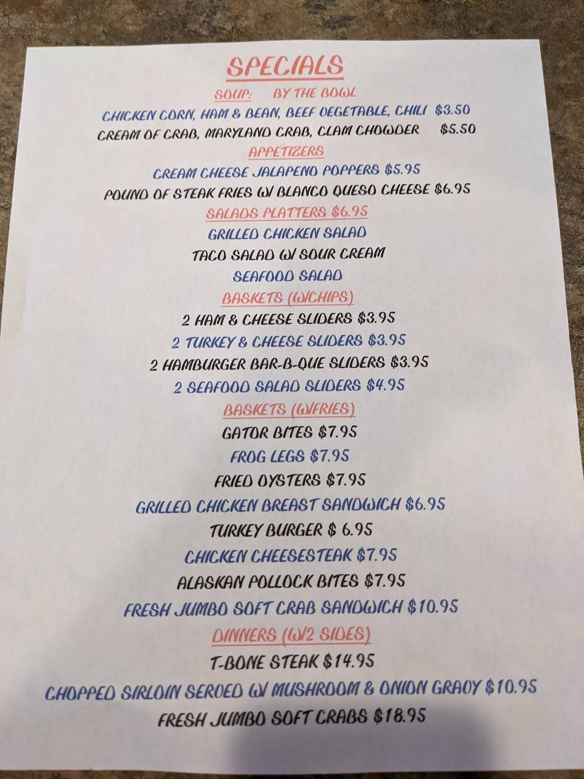 Menu at Falls Hotel restaurant, York Haven