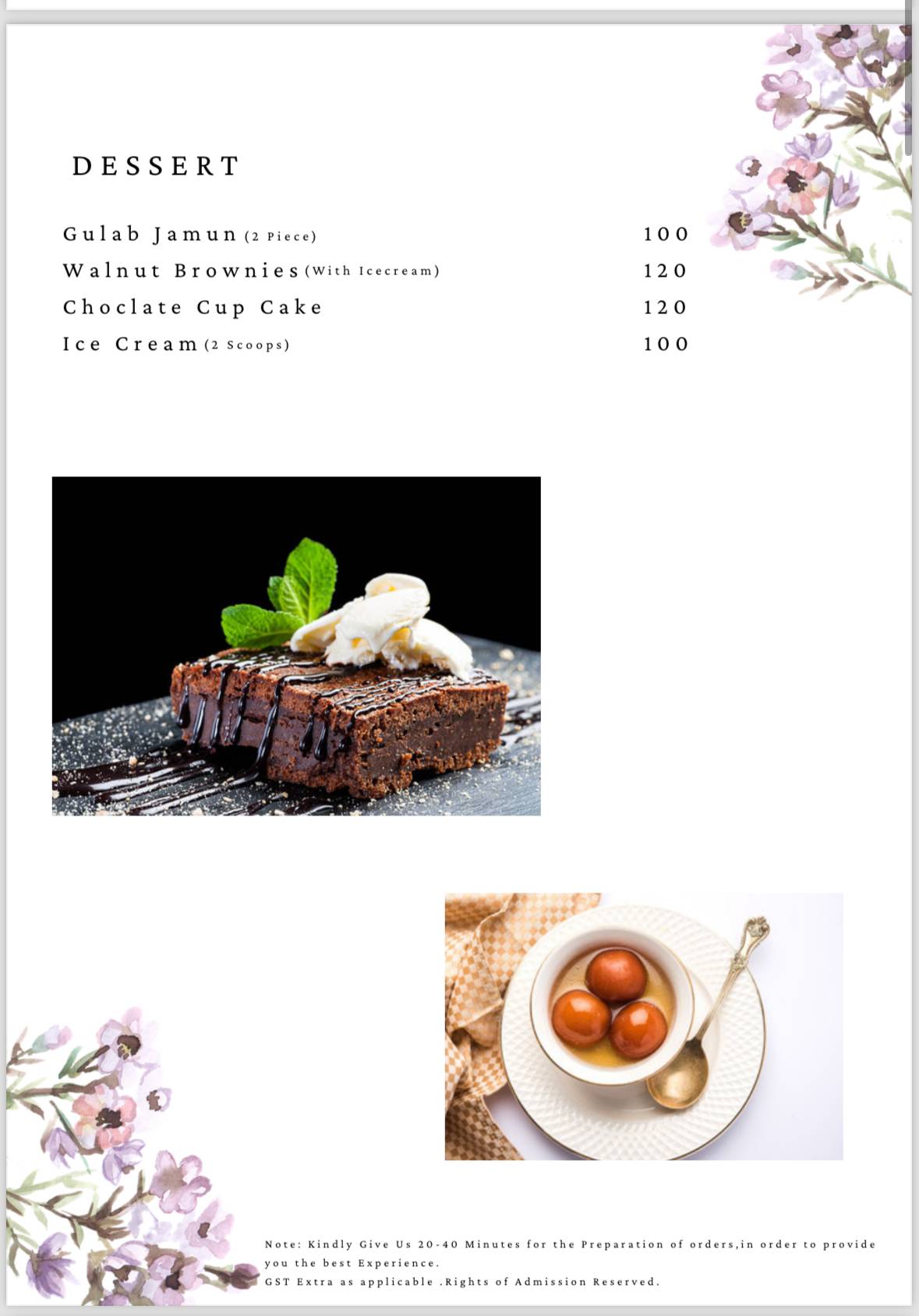 White Orchid Cafe and Restaurant menu