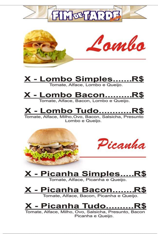 Fim de Tarde Lanches cardápio