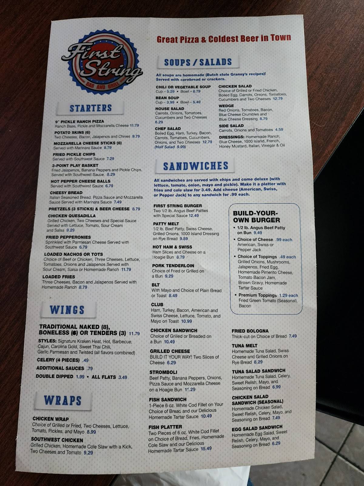 Menu at First String Bar & Grill, Louisville
