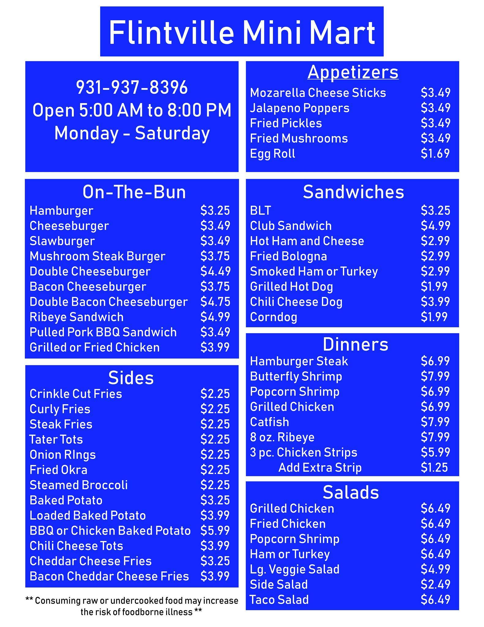 Menu at Flintville Mini Mart & Cafe Flintville TN, Flintville