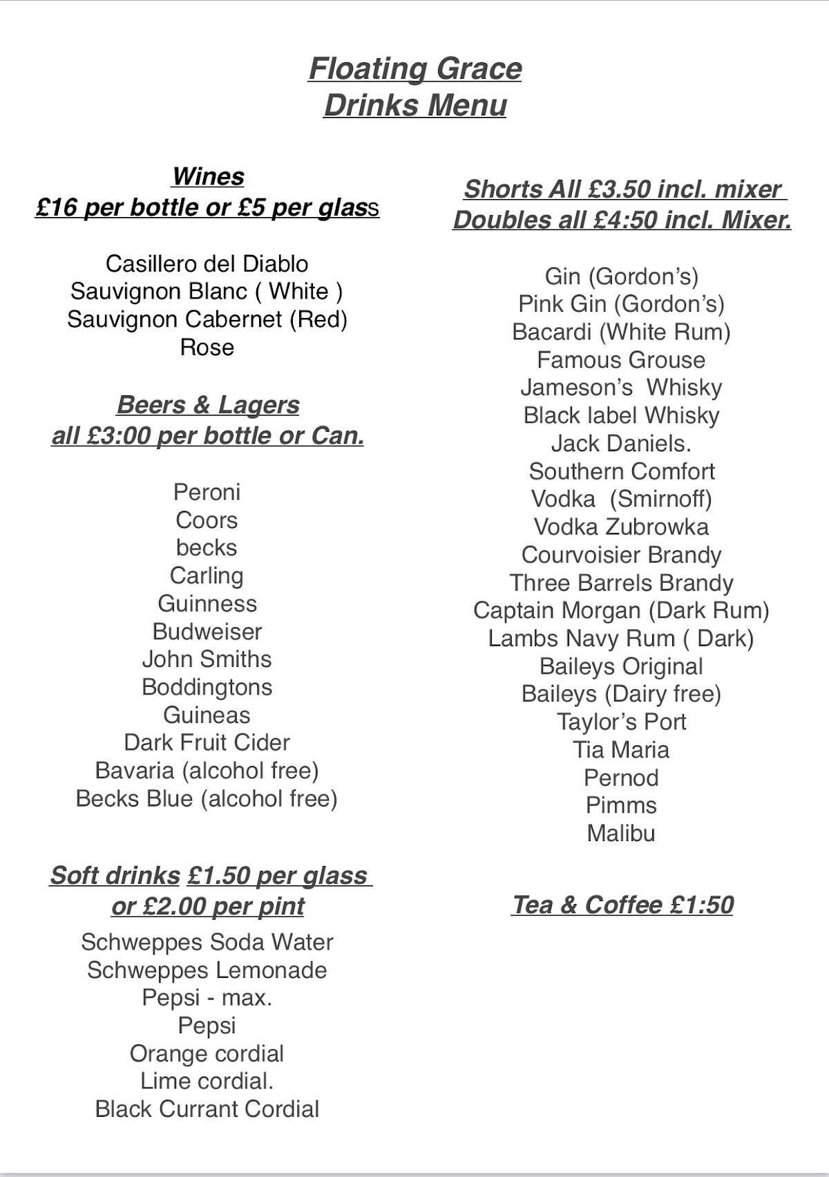 Menu at Floating Grace restaurant, Liverpool