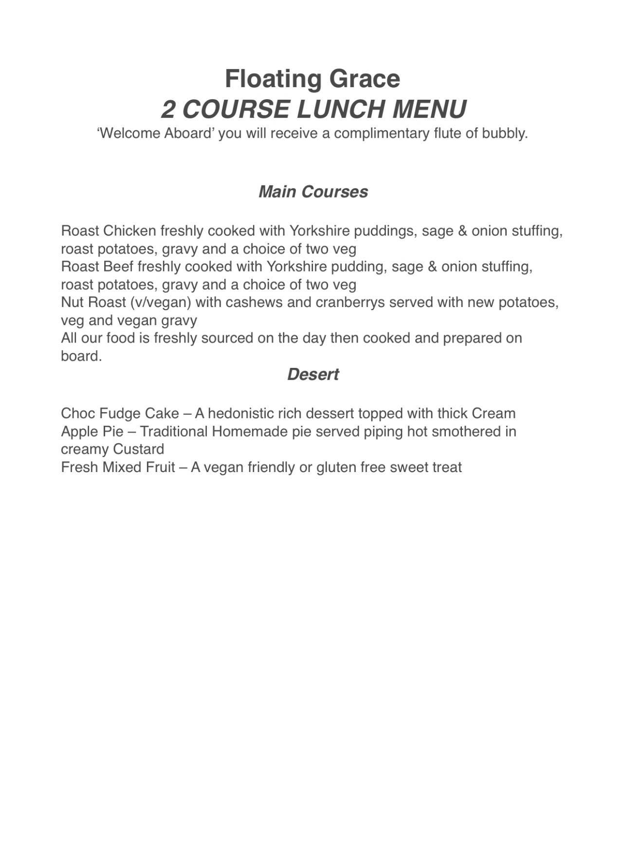 Menu at Floating Grace restaurant, Liverpool