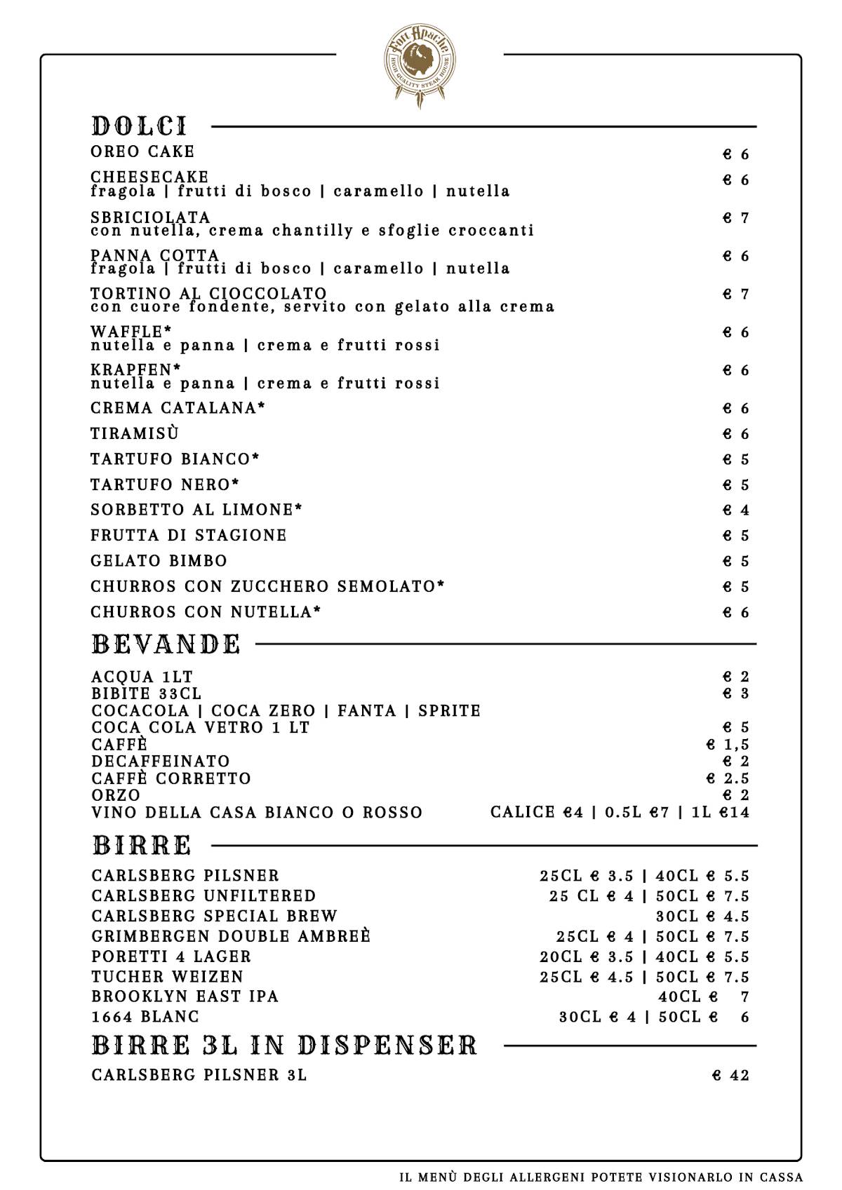 Menu di Fort Apache Capannelle 