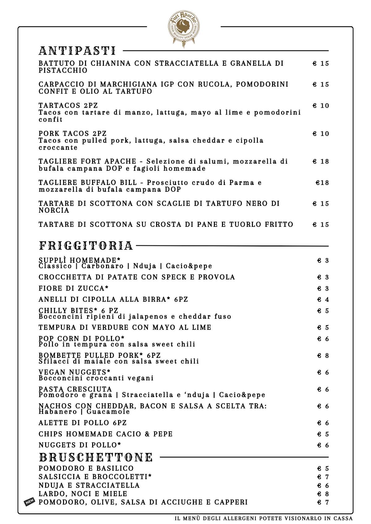 Menu di Fort Apache Capannelle 