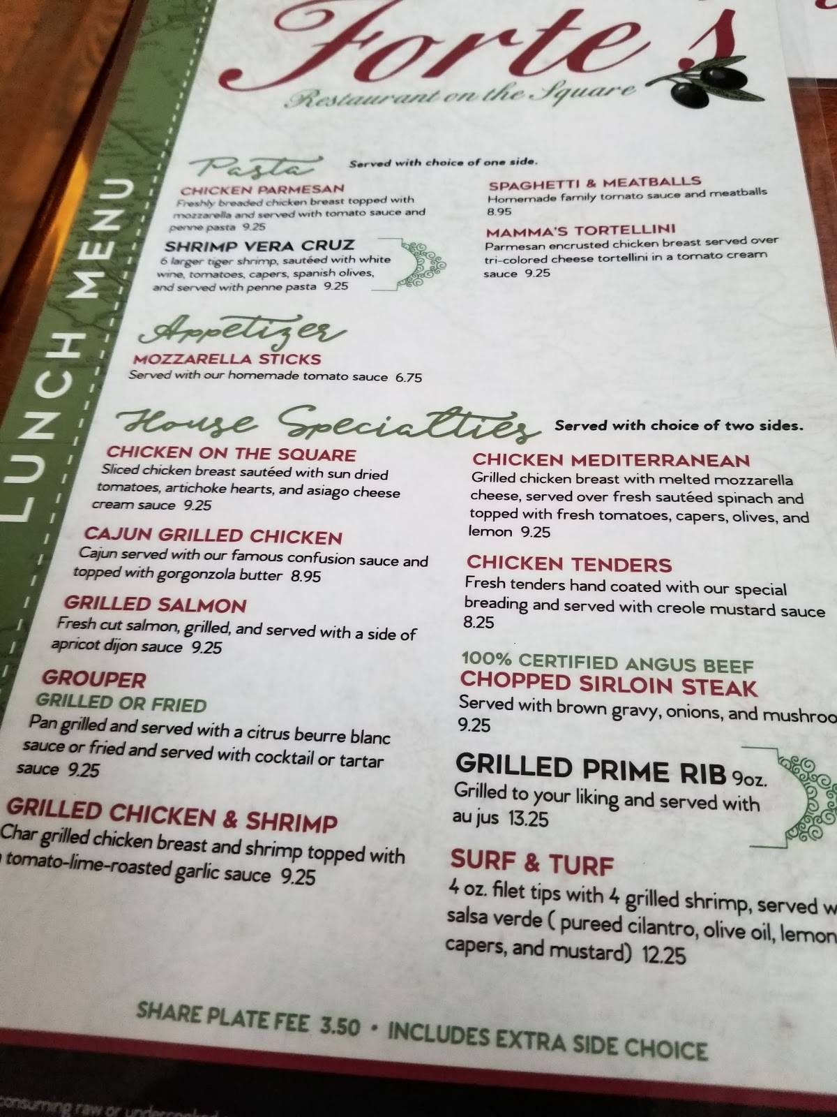 Menu at Forte's on the Square steakhouse, Crossville