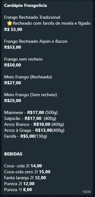 Frangolícia Assados cardápio