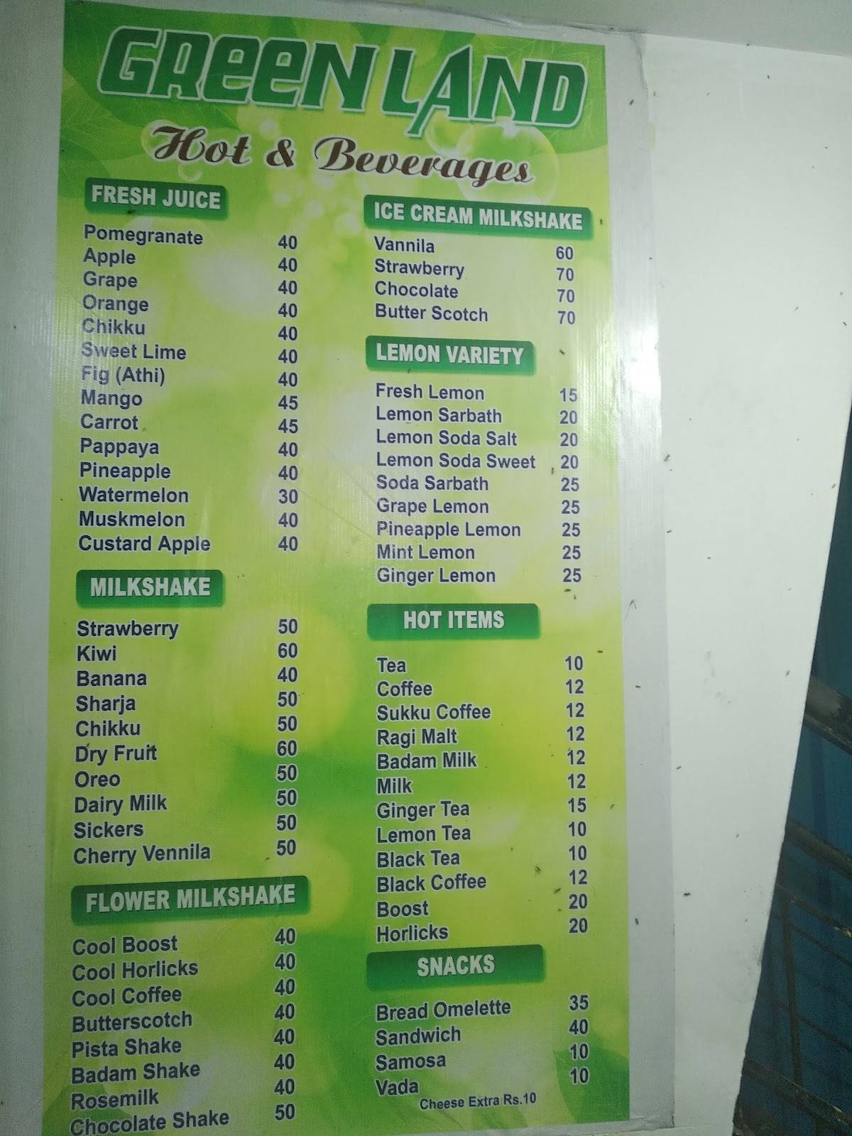 Menu at GREEN LAND, Chennai