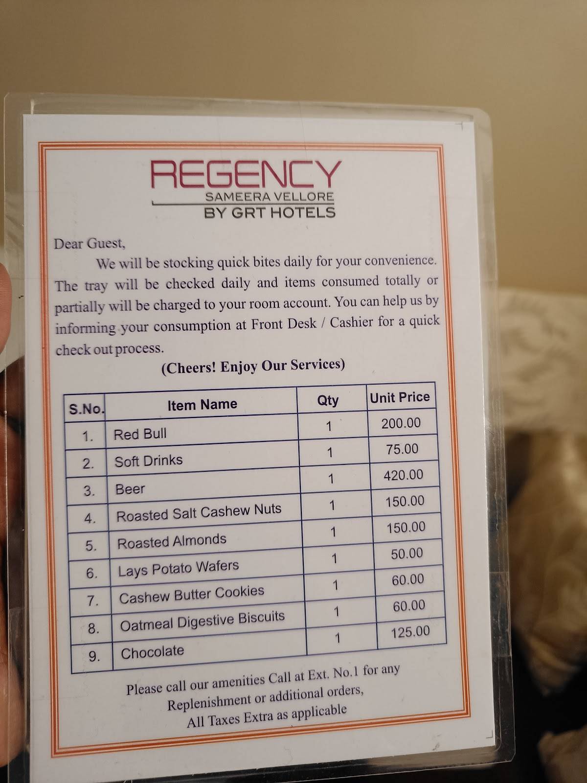 GRT Regency Gingee Restaurant menu