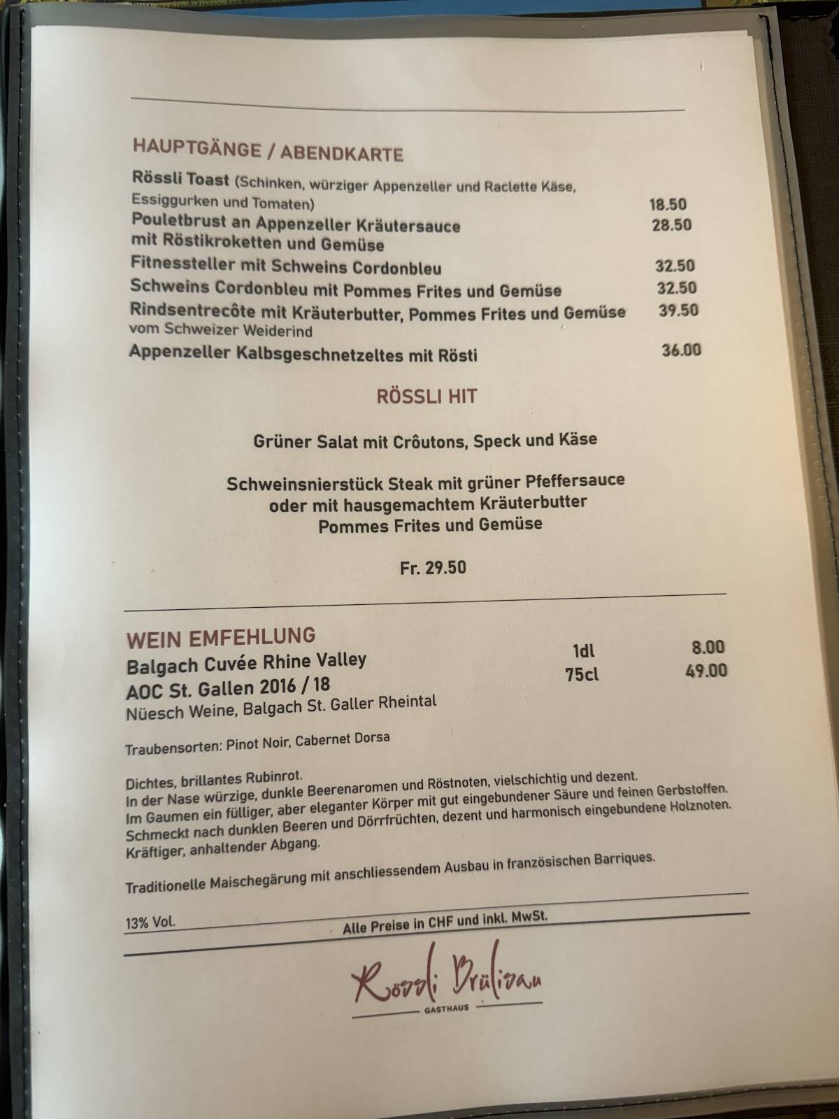 Menu di Gasthaus Rössli 