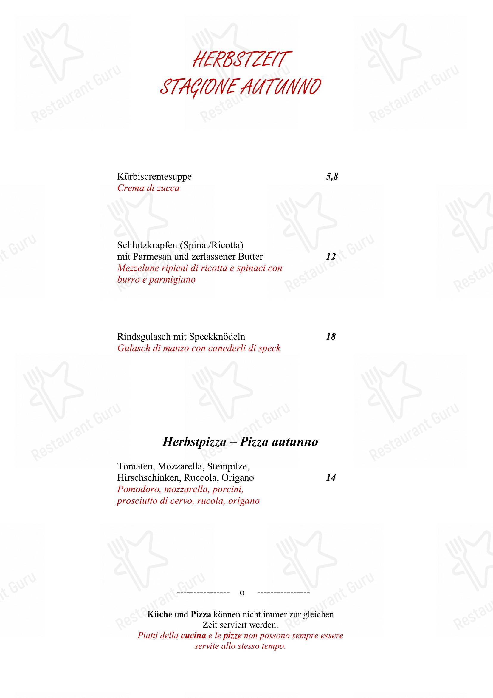 Menu bar per Gasthof Pizzeria Tanner Des Reiterer Karl in Merano